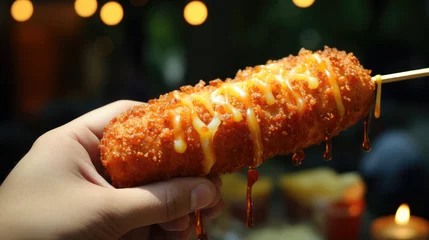 Fotobehang Hand holding Korean style corn dog coated in crispy panko breadcrumbs with hot sauce k, 4k, photorealistic, ultra, photoreal, realistic © Imtiaz