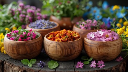 there are many different types of flowers in wooden bowls