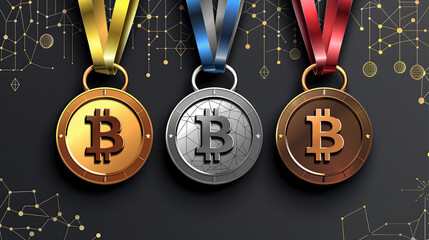 3 medallas, oro, plata, bronce, con el logo de Bitcoin, futuros Juegos Olímpicos patrocinados por las monedas digitales, virtuales, inversión solidaria al deporte - obrazy, fototapety, plakaty