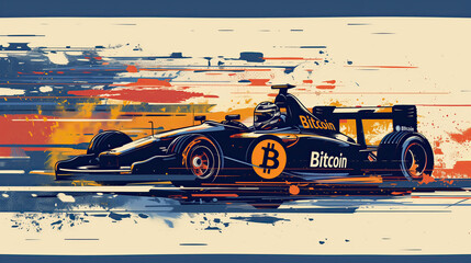 Patrocinio de Bitcoin coche de F1 vista diagonal, a toda velocidad, colores , la tecnología llega a los deportes como equipo descentralizado, inversión financiera halving abril