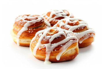 The image features three freshly baked cinnamon rolls with a rich, golden-brown crust, generously drizzled with creamy white icing, set against a pure white background, highlighting the intricate swir