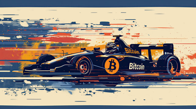 Patrocinio de Bitcoin coche de F1 vista diagonal, a toda velocidad, colores , la tecnolog&iacute;a llega a los deportes como equipo descentralizado, inversi&oacute;n financiera halving abril