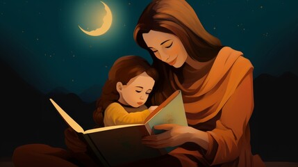 Woman Reading Book to Child During Ramadan 2024