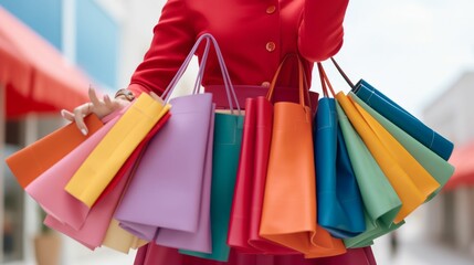 Woman in Red Coat Carrying Colorful Shopping Bags - obrazy, fototapety, plakaty