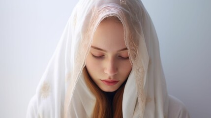 Fototapeta premium Woman in Veil Holding Cell Phone for Ramadan 2024 Islamic Event