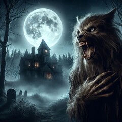 Ilustração de um lobo assustador, um lobisomem peludo rosnando ao luar sobre uma lua cheia brilhando em uma floresta escura e misteriosa e nebulosa com uma casa gótica sob a lua - obrazy, fototapety, plakaty