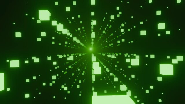 Travel through space among blinking and glowing green cubes - 3D Render