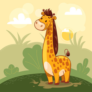 Giraffe on a landscape background, children's illustration, vector graphics