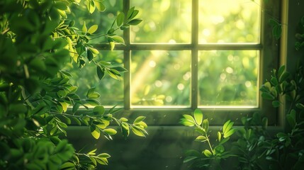 Vibrant green vines with leaves cascading down the sides of a window with various potted plants on the sill.