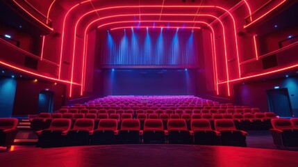 A modern sterile theater illuminated by red and blue lights, empty and awaiting an audience for a performance. - Powered by Adobe