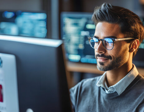 Male tech expert engrossed in a bustling workplace. Colleagues are collaborating in the background. Natural lighting and modern office decor.