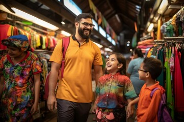 Obraz premium Man and Two Children Walking Through Store