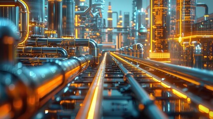 A futuristic cityscape dominated by a complex network of pipes, showcasing advanced industrial infrastructure and technology.