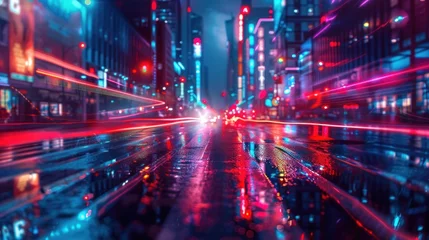 Foto op Plexiglas A bustling city street at night with numerous vehicles moving in different directions, headlights illuminating the road, and traffic lights changing colors. © FryArt Studio