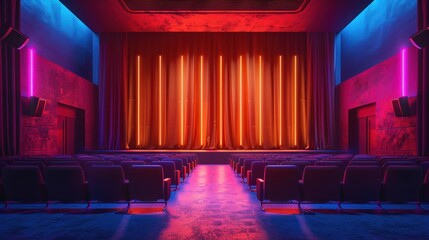 A modern sterile theater illuminated by red and blue lights.