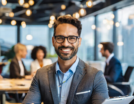 Male tech expert engrossed in a bustling workplace. Colleagues are collaborating in the background. Natural lighting and modern office decor.