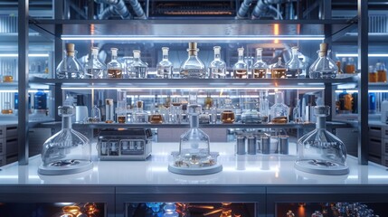 A shelf is filled with various bottles and beakers, showcasing a collection of scientific equipment and futuristic machines.