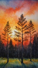 Abstract painting using oil pastels and watercolors, Orange sunset over pine forests