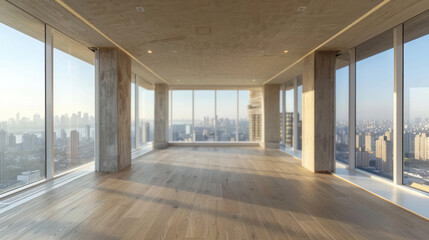 An elegant and minimalistic office room featuring large windows overlooking a bustling cityscape.