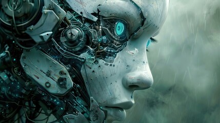 A woman with striking blue eyes is depicted with a robotic face. The fusion of human and machine features creates a futuristic and intriguing visual.
