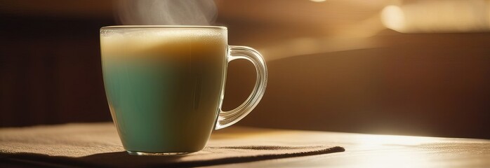 Steaming cup of tea being poured into waiting cup sitting gracefully on wooden table, capturing essence of morning rituals. Rich aroma fills air, promising moment of warmth.Calming moment in busy day