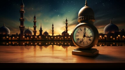 Clock on Wooden Table for Ramadan 2024 - obrazy, fototapety, plakaty
