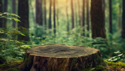 Tree stump in the forest. Natural autumn background.