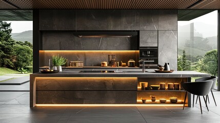 A minimalist and elegant kitchen with a spacious counter top, perfect for cooking and entertaining.