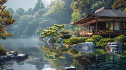 A serene painting featuring a Japanese garden with a tranquil pond in the center, surrounded by lush greenery, colorful flowers, and small stone pathways.