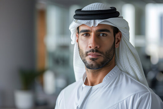 Muslim, Arab Sheikh. Portrait of Arab businessman dressed in traditional clothes, in an office.