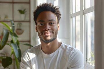 Beautiful Black Man is seated next to a window, with a potted plant nearby, as part of a soft masculinity self-care concept.