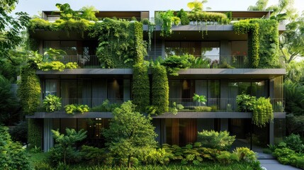 A very tall building covered in a plethora of vibrant green plants and foliage.