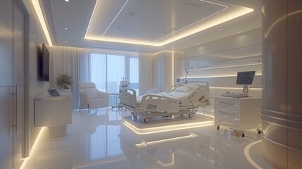A modern hospital room illuminated by a large window. The room contains a bed, several chairs, and medical equipment.