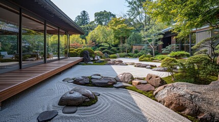 A serene Japanese garden featuring rocks strategically placed amidst lush green trees.