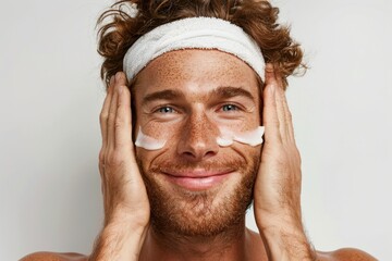 Man with a towel on his head holding his hands to his face, demonstrating a self-care routine for soft masculinity.