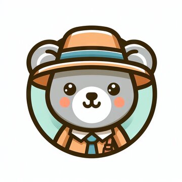 Ilustração estilo logo de um urso com chapéu de antigo em um fundo de cor sólida.