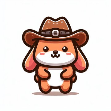 Ilustração estilo logo de um cachorro com chapéu de cowboy em um fundo de cor sólida.