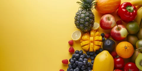 Foto op Plexiglas citruses pineapples and grapes on a yellow background Generative AI © Evghenii