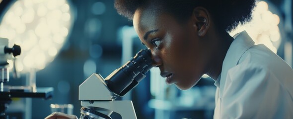 female scientist in the laboratory looking through a microscope Generative AI - obrazy, fototapety, plakaty