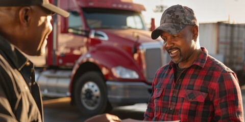 truck driver talking to manager Generative AI - obrazy, fototapety, plakaty