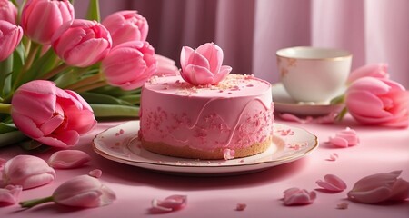 Obraz na płótnie Canvas Illustrate a scene where a slice of pink cake sits on a dessert plate, surrounded by a bed of pink tulips. Capture the realistic play of light on the cake's surface-AI Generative
