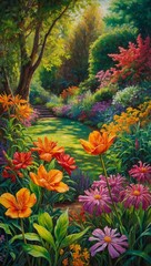 Obraz na płótnie Canvas Green garden with flowers, watercolor