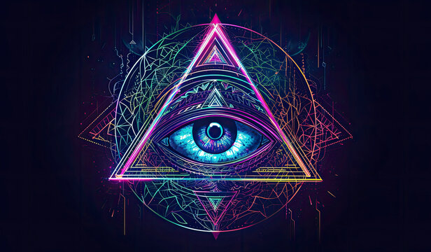 All-seeing eye. Eye pyramid masonic symbol in neon style.
