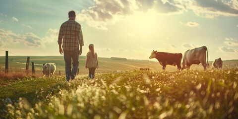farmers in cow pasture Generative AI - obrazy, fototapety, plakaty