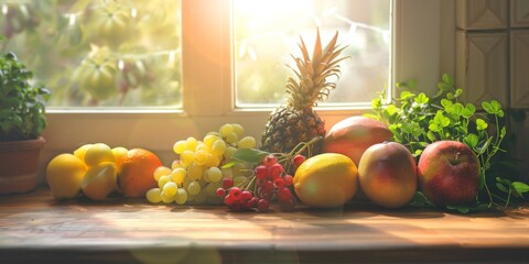 assorted fruits on the kitchen table Generative AI - obrazy, fototapety, plakaty