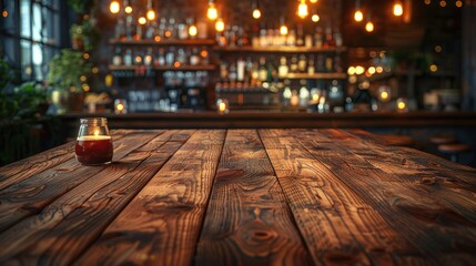 Obraz premium Empty wooden table in front of abstract blurred Christmas light background for product display in a coffee shop