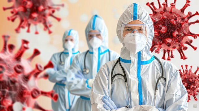 Team of medical professionals clad in protective suits and gear, ready to combat infectious diseases in a healthcare setting