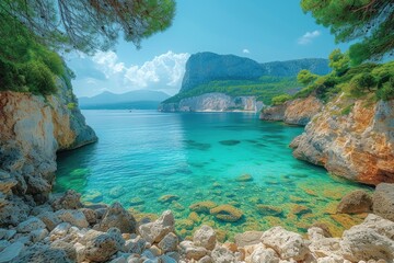 Bright spring view of the Island in Greece. Splendid morning scene. Beauty of nature concept background. Vacation time