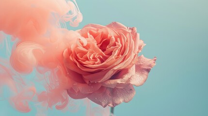 A pink flower releasing tendrils of smoke into the air. Pink rose flower with pastel ink. Creative abstract spring nature. Summer bloom concept - obrazy, fototapety, plakaty