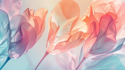 Fototapeta premium Spring Floral Watercolor Abstract Background. A group of pink and blue feathers gracefully floating in mid-air